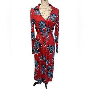 Zara Anthropologie Red and Blue Collard Shirt dress with Long Sleeves EUC